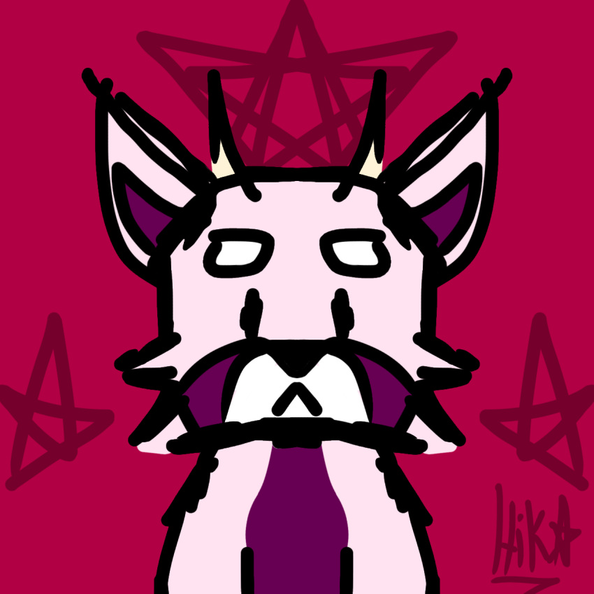 1:1 ailurid anthro fur hi_res hikaruwu horn hybrid looking_at_viewer male mammal pink_body red_panda satanic_symbol simple_background solo