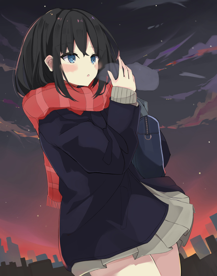 1girl bag bangs black_hair blue_eyes blue_jacket blush breath cityscape cloud cowboy_shot dutch_angle enpera grey_skirt grey_sweater hand_up highres jacket open_mouth original outdoors pleated_skirt polyethyle red_scarf scarf school_bag school_uniform skirt solo striped striped_scarf sunset sweater thighs