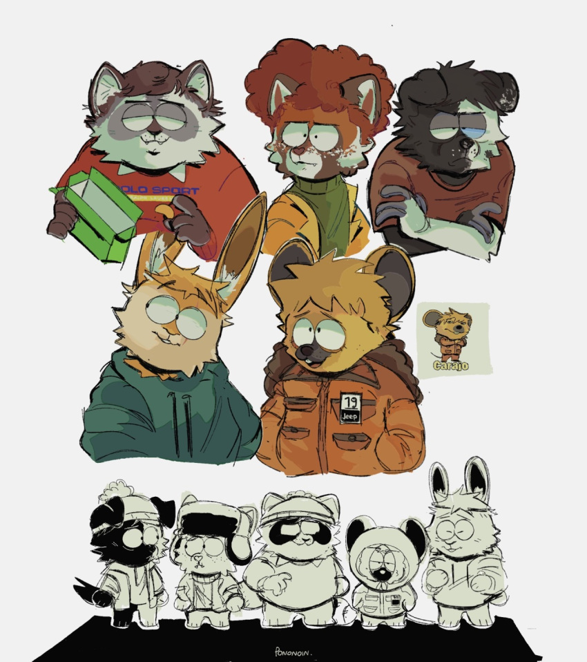 ailurid annoyed anthro black_body black_fur blonde_hair blue_eyes bottomwear canid canine canis clothed clothing comedy_central domestic_dog eric_cartman eye_contact fangs freckles fur group hair hat headgear headwear heterochromia hi_res hyaenid kenny_mccormick kyle_broflovski lagomorph leopold_butters_stotch leporid looking_at_another male mammal monochrome orange_body orange_fur orange_hair parka pononoin procyonid rabbit raccoon red_panda shirt smile south_park stan_marsh sweater teeth topwear turtleneck ushanka white_body white_fur yellow_body yellow_fur