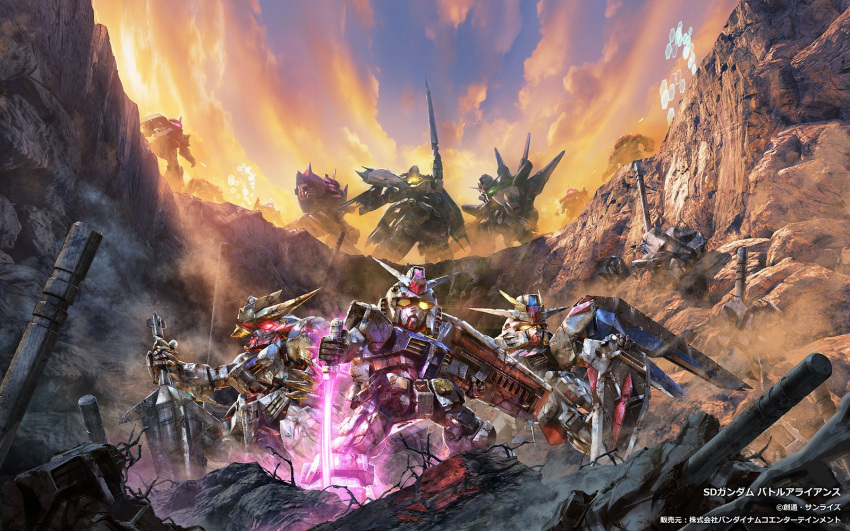 beam_saber chibi cloud cover freedom_gundam gelgoog_s_char_custom glowing glowing_eyes green_eyes gundam gundam_barbatos_lupus_rex gundam_seed gundam_tekketsu_no_orphans highres holding holding_club holding_sword holding_weapon looking_ahead looking_up mecha mechanical_wings mobile_suit mobile_suit_gundam no_humans official_art providence_gundam red_eyes reginlaze_julia robot rx-78-2 science_fiction sd_gundam sd_gundam_battle_alliance shield sky sword tani_(tanidesuyo) v-fin video_game_cover weapon wings yellow_eyes zaku_ii