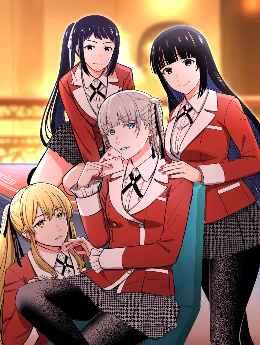 4girls bangs black_hair blonde_hair blue_eyes blue_lips blue_nails card collared_shirt crossed_legs hand_on_another's_thigh highres hyakkaou_academy_uniform igarashi_sayaka jabami_yumeko jacket kakegurui kanbayashi_makoto looped_braids momobami_kirari multiple_girls pantyhose parted_lips playing_card ponytail red_jacket saotome_mary school_uniform shirt sitting skirt smile yellow_eyes