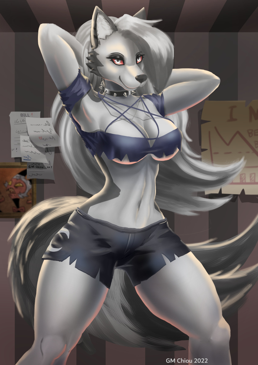 absurd_res anthro breasts canid canid_demon canine cleavage clothed clothing collar demon demondog female fur gm gm_chiou_(artist) hair hellhound helluva_boss hi_res inside loona loona_(helluva_boss) mammal red_eyes solo spiked_collar spikes were werecanid werecanine werewolf white_body white_fur white_hair