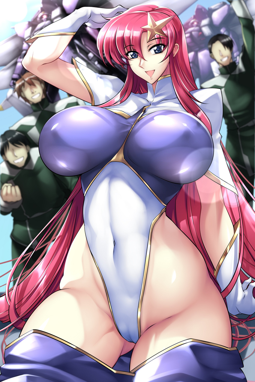 1girl 3boys absurdres blue_eyes breasts cameltoe clenched_hand covered_nipples faceless faceless_male gloves green_jacket gundam gundam_seed gundam_seed_destiny haganef hair_behind_ear hair_ornament highres jacket large_breasts lens_flare leotard long_hair looking_at_viewer mecha meer_campbell military military_uniform mobile_suit multiple_boys one-eyed open_mouth purple_leotard robot science_fiction smile star_(symbol) star_hair_ornament two-tone_leotard uniform very_long_hair white_gloves white_leotard zaku_warrior