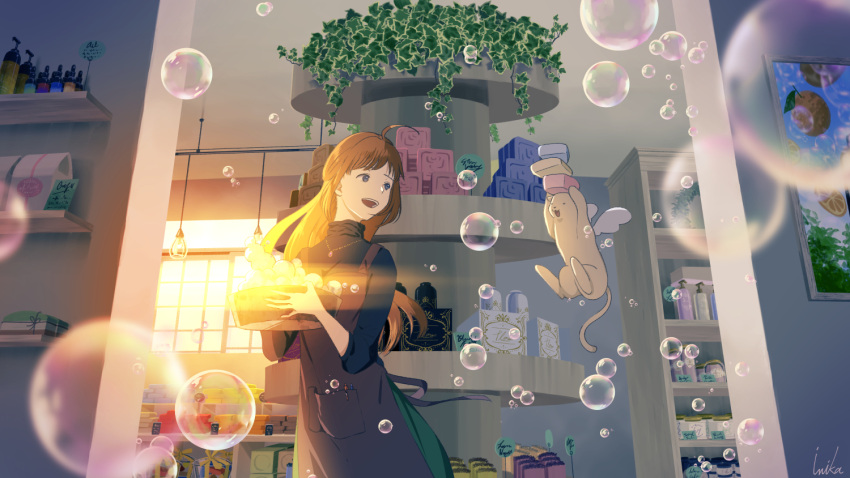 1girl animal apron bangs blue_eyes breasts brown_apron brown_hair bubble cat commentary_request dress green_dress holding indoors inika jewelry long_hair looking_at_another necklace open_mouth original signature smile soap soap_bubbles solo turtleneck_dress