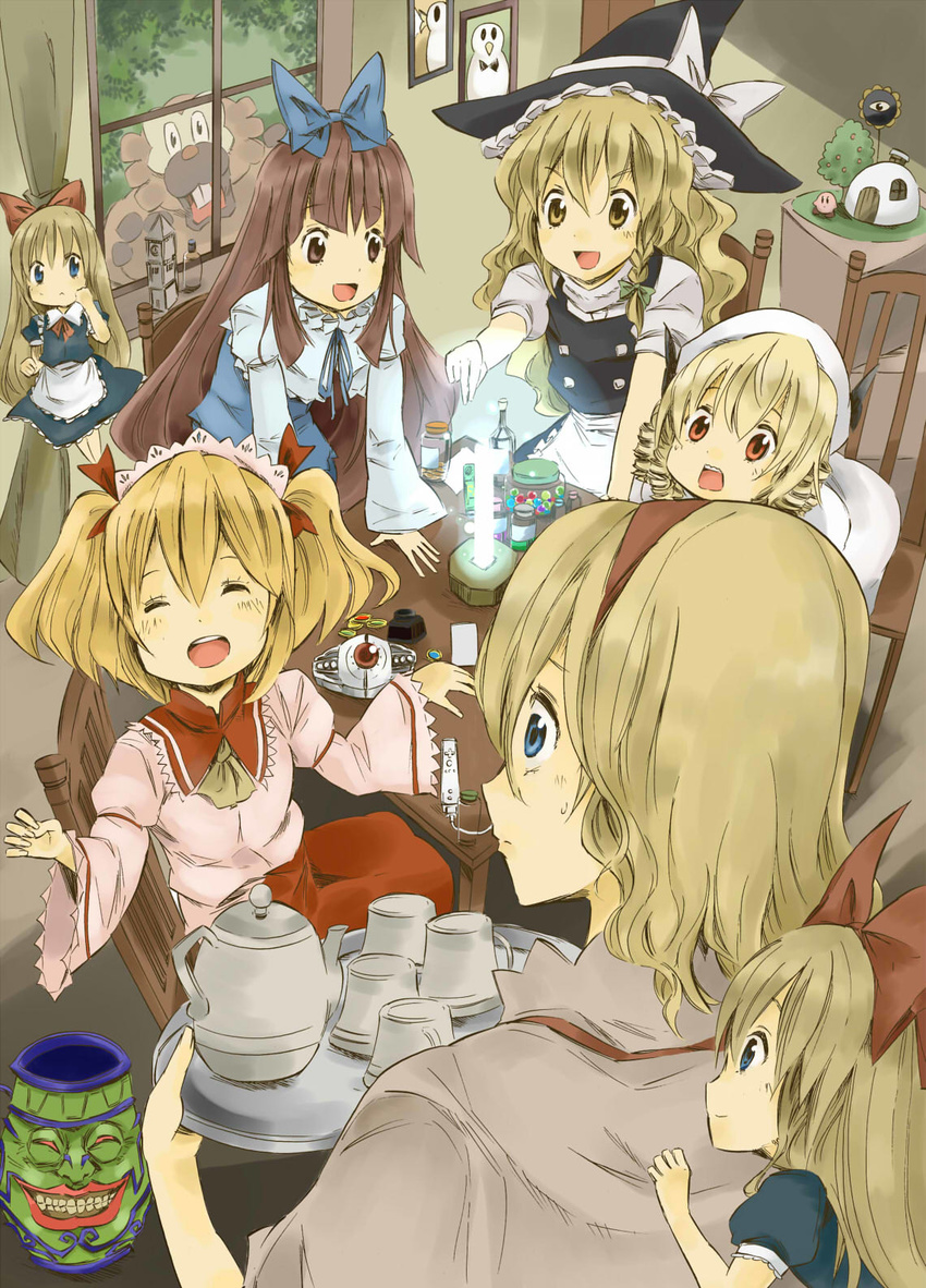 alice_margatroid apron ascot bibarel blonde_hair blue_eyes bottle bow braid brown_eyes brown_hair capelet chair character_request closed_eyes controller cup dark_matter doll drill_hair eichi_(0903275) elizabeth_tower game_controller gen_4_pokemon glados hair_bow hairband hat hat_bow highres jar kamen_rider kamen_rider_dcd kamen_rider_ooo_(series) kettle kirby kirby_(series) kirisame_marisa long_hair long_sleeves luna_child mini-hakkero multiple_girls nintendo open_mouth photo_(object) pokemon pokemon_(creature) portal portal_(series) pot_of_greed puffy_sleeves purple_hair red_eyes shanghai_doll short_hair short_sleeves side_braid single_braid sitting star_sapphire sunny_milk sweatdrop touhou tray twintails wide_sleeves wii_remote window witch_hat yellow_eyes yuu-gi-ou yuu-gi-ou_duel_monsters