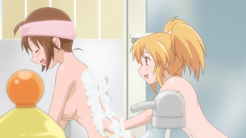bath blonde_hair breasts brown_hair bubble censored closed_eyes convenient_censoring hinako_(issho_ni_training) hiyoko_(issho_ni_training) issho_ni_training medium_breasts multiple_girls nude screencap short_hair smile soap twintails washing_back wet