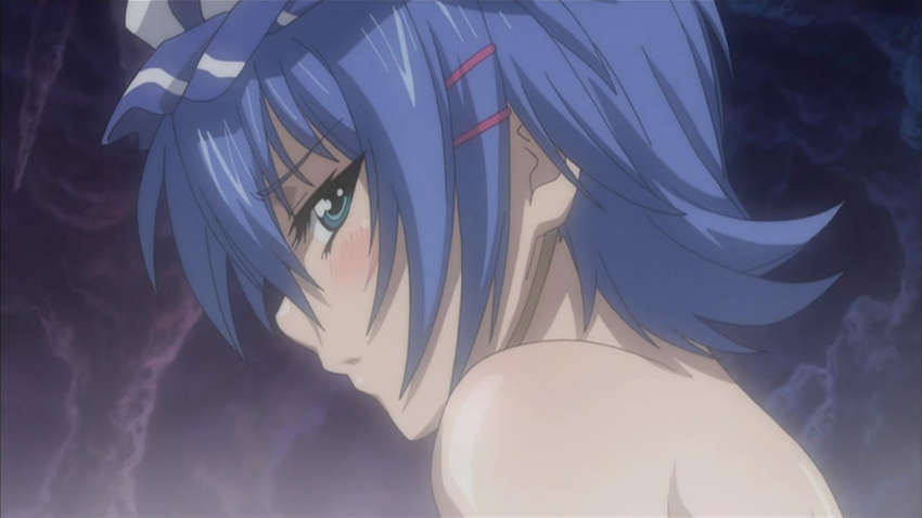 bare_shoulders blue_hair blush cap hairclip hattori_junko ichiban_ushiro_no_daimaou looking_back naked nude stream