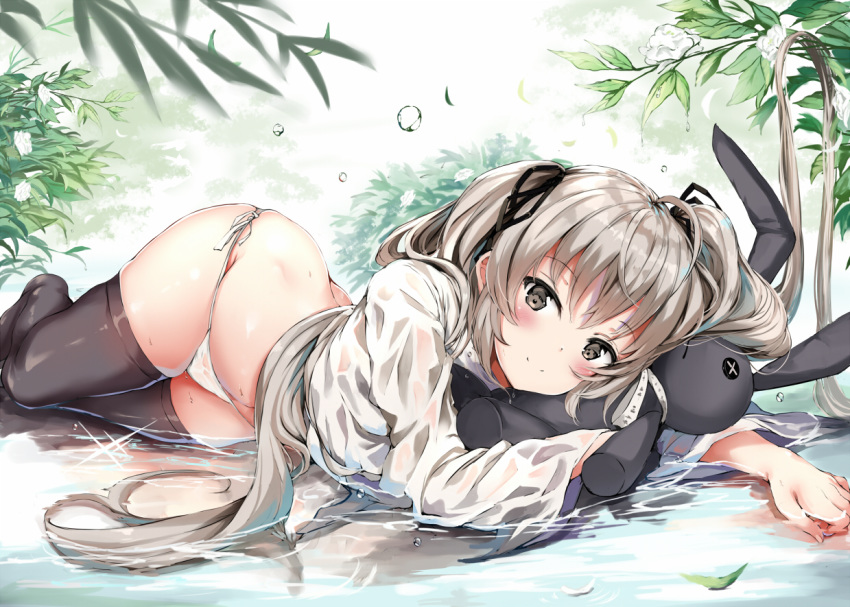 blush brown_eyes brown_hair kasugano_sora long_hair panties thighhighs underwear water wet yosuga_no_sora yukishiro_arute