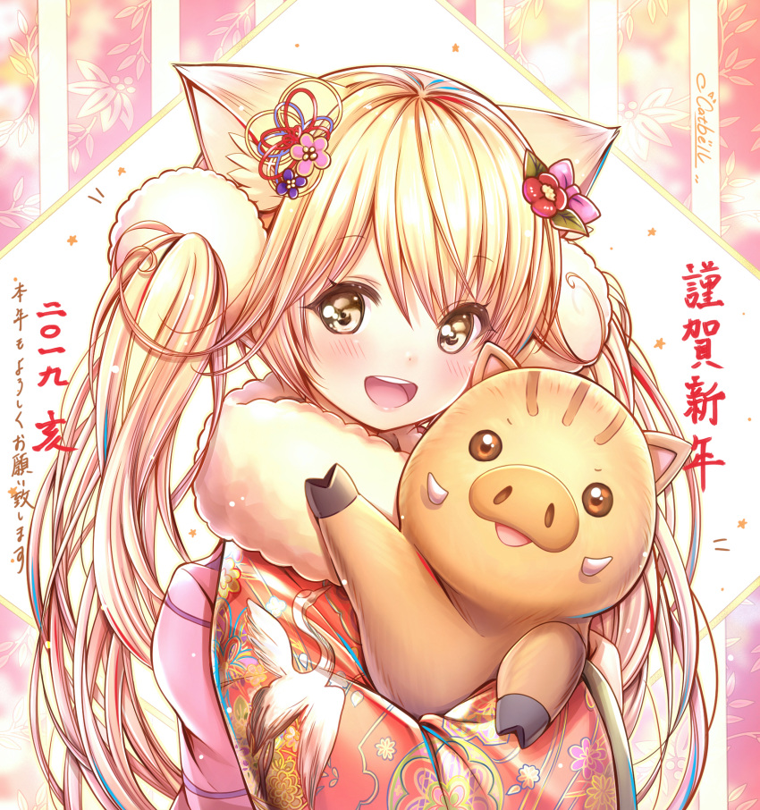 1girl :d animal_ear_fluff animal_ears artist_name blonde_hair blush boar brown_eyes catbell chinese_zodiac eyebrows_visible_through_hair head_tilt highres japanese_clothes kimono long_hair looking_at_viewer open_mouth original signature smile star translation_request twintails upper_body year_of_the_pig