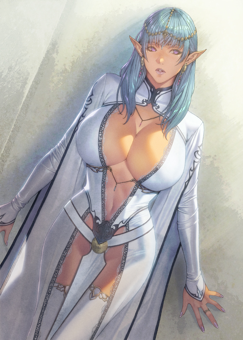 1girl against_wall bangs blue_hair breasts center_opening circlet cleavage cowboy_shot earrings elf highres homare_(fool's_art) jewelry large_breasts lips lipstick long_hair long_sleeves looking_at_viewer makeup mature_female nail_polish navel necklace original parted_lips pointy_ears purple_eyes purple_lips purple_nails revealing_clothes solo thighhighs white_thighhighs