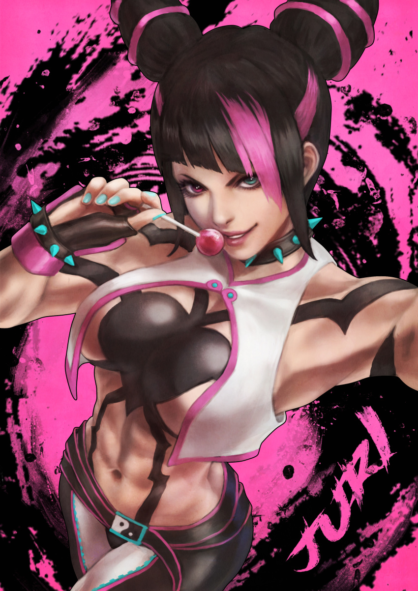 1girl absurdres aqua_eyes aqua_nails bangs bare_shoulders belt black_hair bracelet candy character_name collar collarbone commentary food grin han_juri heterochromia highres jewelry lollipop monori_rogue multicolored_hair multiple_sources navel purple_eyes purple_hair smile solo spiked_bracelet spiked_collar spikes street_fighter street_fighter_6 street_fighter_iv_(series) two-tone_hair