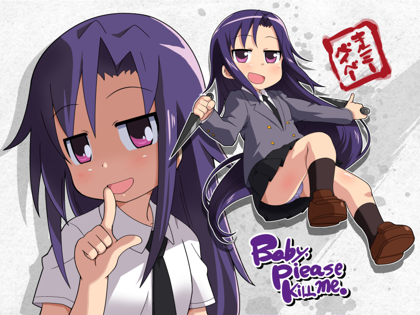 1girl black_skirt blue_hair breasts copyright_name finger_to_mouth goshiki_agiri highres ki_(adotadot) kill_me_baby long_hair looking_at_viewer miniskirt multiple_views open_mouth panties pantyshot pleated_skirt purple_eyes school_uniform shiny shiny_hair skirt small_breasts smile underwear weapon white_panties