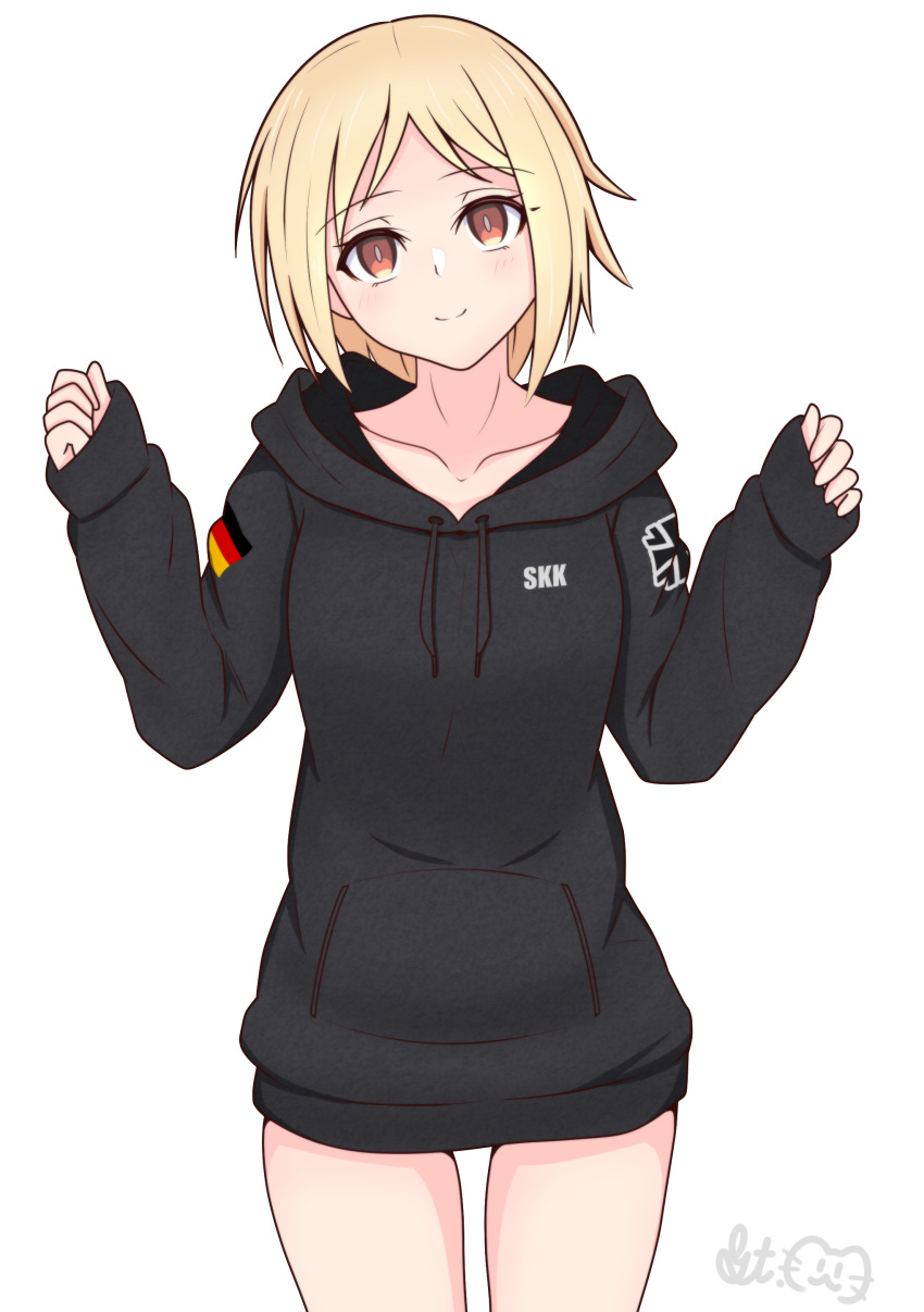 1girl absurdres black_hoodie blonde_hair breasts brown_eyes commission german_flag girls'_frontline gotoo hands_up happy head_tilt highres hood hoodie long_sleeves looking_at_viewer mp40_(girls'_frontline) non-web_source oversized_clothes short_hair signature simple_background skeb_commission smile solo thighs