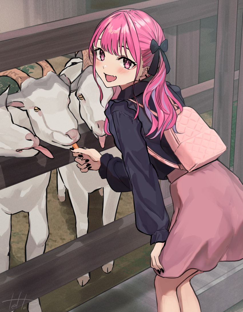 1girl absurdres backpack bag black_bow black_bowtie black_nails black_shirt blue_hair blush bow bowtie breasts buta5813 buttons choker collared_shirt commentary_request cowboy_shot eating fang feeding fence frilled_shirt frills goat gradient_hair hair_bow highres hinamizawa_hinami jirai_kei leaning_forward looking_at_viewer medium_hair multicolored_hair open_mouth original pink_bag pink_eyes pink_hair pink_skirt shirt skin_fang skirt small_breasts smile solo squatting tongue tongue_out twintails