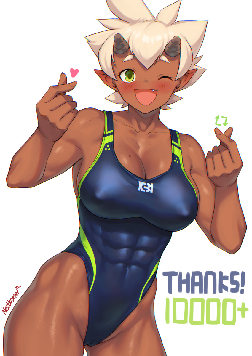 1girl ;d abs absurdres artist_name breasts brown_horns cleavage collarbone commentary covered_nipples dark-skinned_female dark_skin english_commentary fang gabi_the_dokkaebi green_eyes heart highres horns large_breasts looking_at_viewer mole mole_on_breast muscular muscular_female nestkeeper one_eye_closed original pointy_ears short_hair simple_background smile solo swimsuit tan thank_you thighs white_background