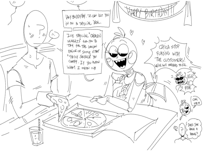 anon anthro blush bodily_fluids chica_(fnaf) clothed clothing female five_nights_at_freddy's food furniture hi_res human machine male mammal mhdrawin monochrome pizza robot scottgames sweat table video_games