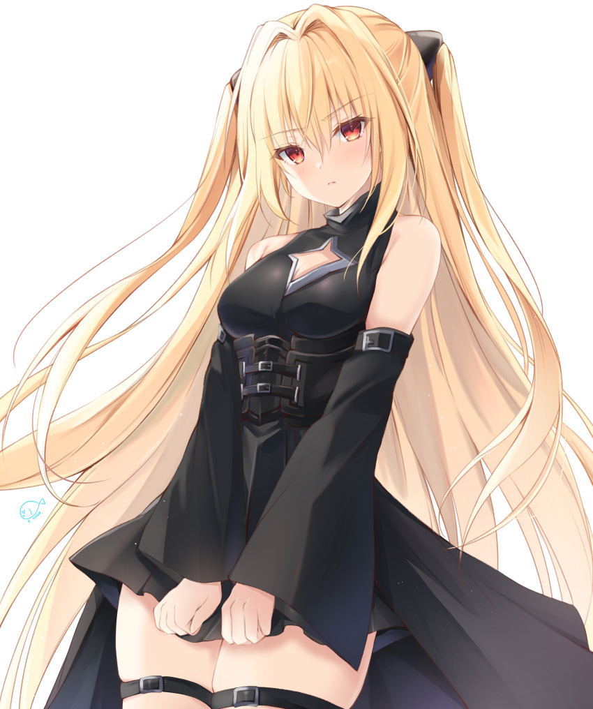 1girl absurdres bangs bare_shoulders black_dress blonde_hair blush braid breasts closed_mouth dress hair_between_eyes highres kiri_celea konjiki_no_yami leg_belt long_hair looking_at_viewer orange_eyes simple_background solo to_love-ru twintails very_long_hair white_background