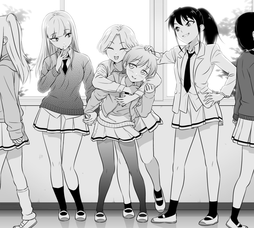 6+girls bangs black_hair blazer blonde_hair blunt_bangs blush cardigan commentary_request grabbing grabbing_from_behind greyscale headpat highres hug hug_from_behind ichikawa_masahiro jacket katou_asuka kneehighs kuroki_tomoko long_hair long_sleeves looking_at_another low_twintails monochrome multiple_girls narita_miho nemoto_hina official_alternate_hairstyle open_mouth pleated_skirt sailor_collar sasaki_fuuka school_uniform shirt short_hair skirt smile socks sweater tamura_yuri thighhighs twintails uniform watashi_ga_motenai_no_wa_dou_kangaetemo_omaera_ga_warui! white_shirt yuri