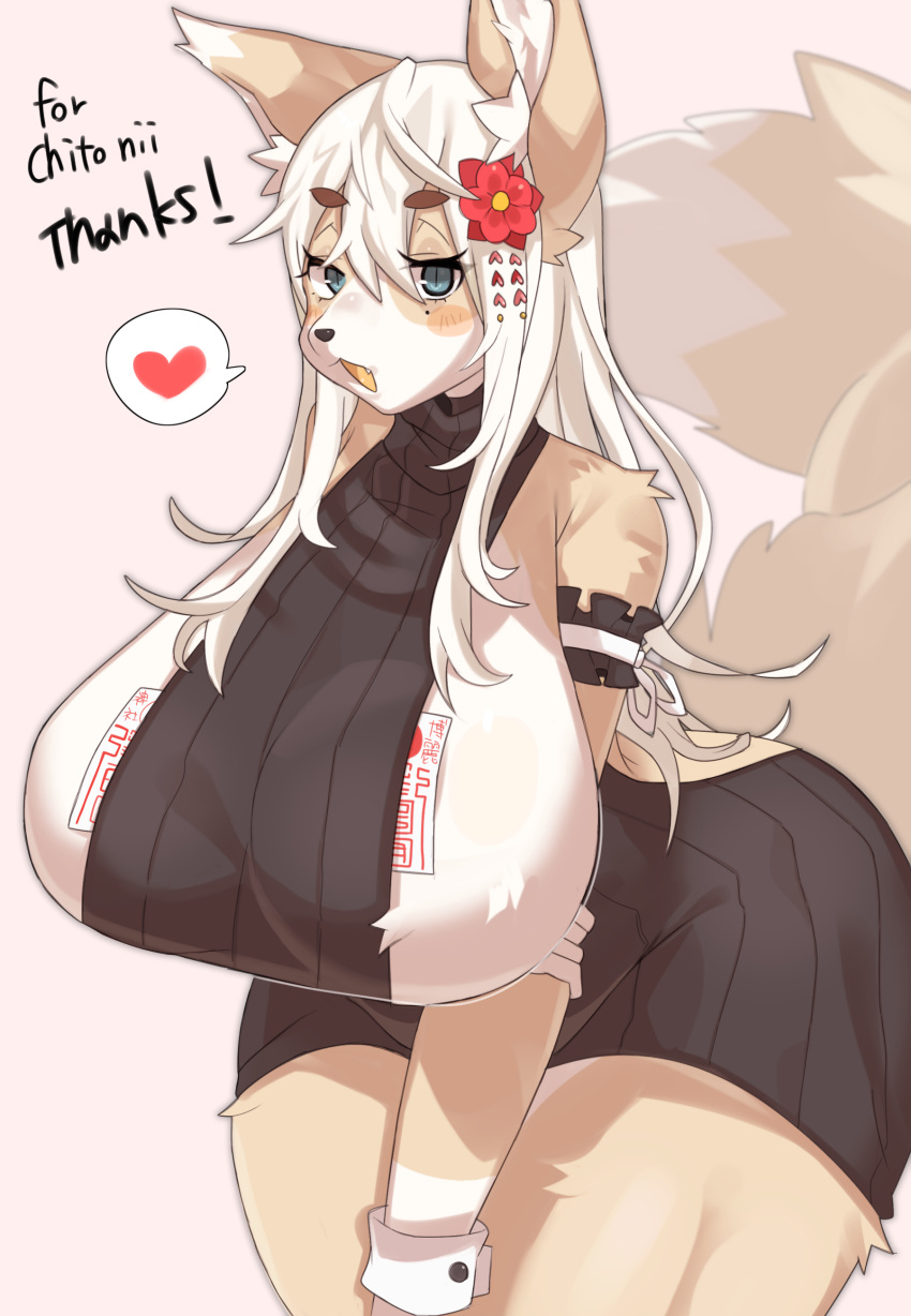 &lt;3 2022 absurd_res accessory anthro arm_under_breasts azi_4081 big_breasts biped blonde_hair blue_eyes breasts canid canine canis chito-nii clothing cuffs_(clothing) english_text female flower flower_in_hair hair hair_accessory hi_res huge_breasts leaning leaning_forward long_hair looking_at_viewer mammal meme meme_clothing ofuda open_mouth pictographics plant pupils shirt_cuffs slit_pupils solo speech_bubble sweater text topwear virgin_killer_sweater wolf