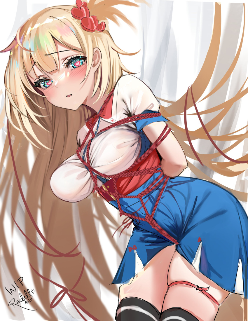 1girl absurdres akai_haato arms_behind_back artist_name black_thighhighs blonde_hair blue_eyes blue_skirt blush bound bound_arms breasts breasts_apart collared_dress dress english_commentary hair_ornament hair_scrunchie heart heart-shaped_pupils highres hololive leaning_forward long_hair looking_at_viewer medium_breasts one_side_up parted_lips red_rope rope rosebell sash scrunchie shibari shibari_over_clothes short_sleeves signature sketch skindentation skirt solo symbol-shaped_pupils thigh_strap thighhighs unfinished very_long_hair virtual_youtuber white_dress