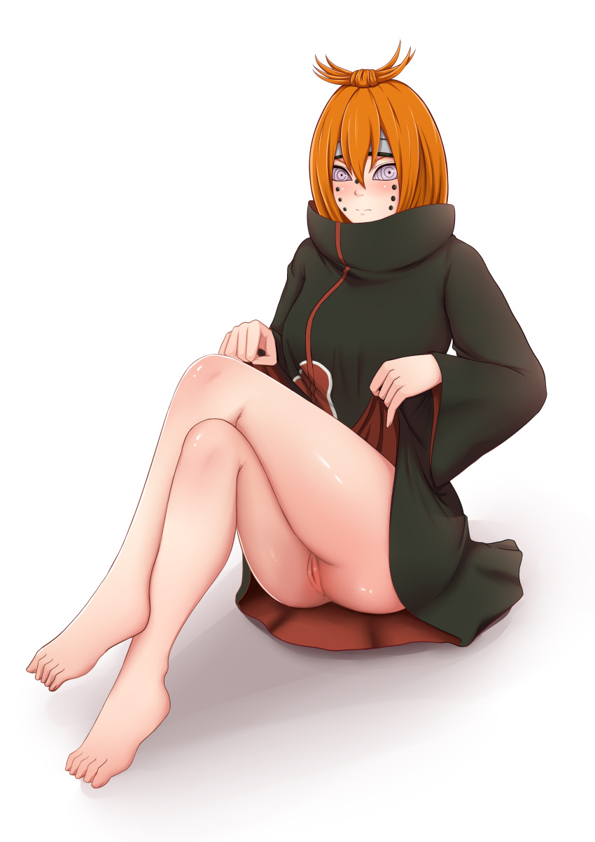 1girl absurdres akatsuki_uniform ass bare_legs barefoot black_robe bottomless breasts chikushoudou_pain clothes_lift cloud_print crossed_legs dress dress_lift embarrassed feet full_body hair_between_eyes hands_up highres knees_up legs lifted_by_self looking_at_viewer medium_breasts medium_hair naruto_(series) naruto_shippuuden no_panties orange_hair pain_(naruto) piercing purple_eyes pussy rinnegan robe robe_lift seisen simple_background sitting solo symbol-shaped_pupils thighs uncensored upskirt wavy_mouth