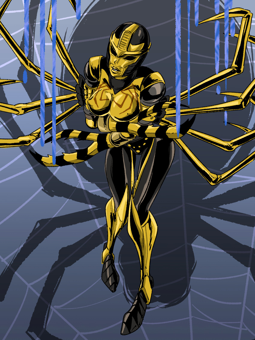 1girl arthropod_limbs beast_wars beast_wars:_transformers black_eyes black_panties blackarachnia breast_hold breasts cdone highres humanoid_robot medium_breasts panties robot shiny shiny_skin silk solo spider_web transformers underwear