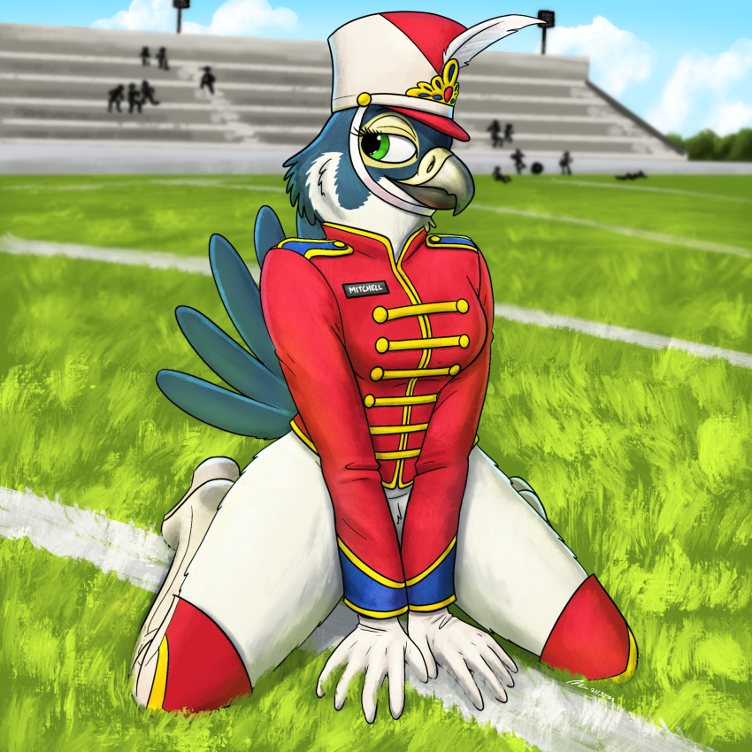 all_fours anthro avian bird boots bottomless breasts clothed clothing convenient_censorship exhibitionism falcon falconid feathers female fish_birb footwear formal hat headgear headwear hi_res katie_(fish_birb) knee_highs legwear marching marching_band_uniform no_underwear pantsless partially_clothed peregrine_falcon pinup pose public sitting solo uniform wariza