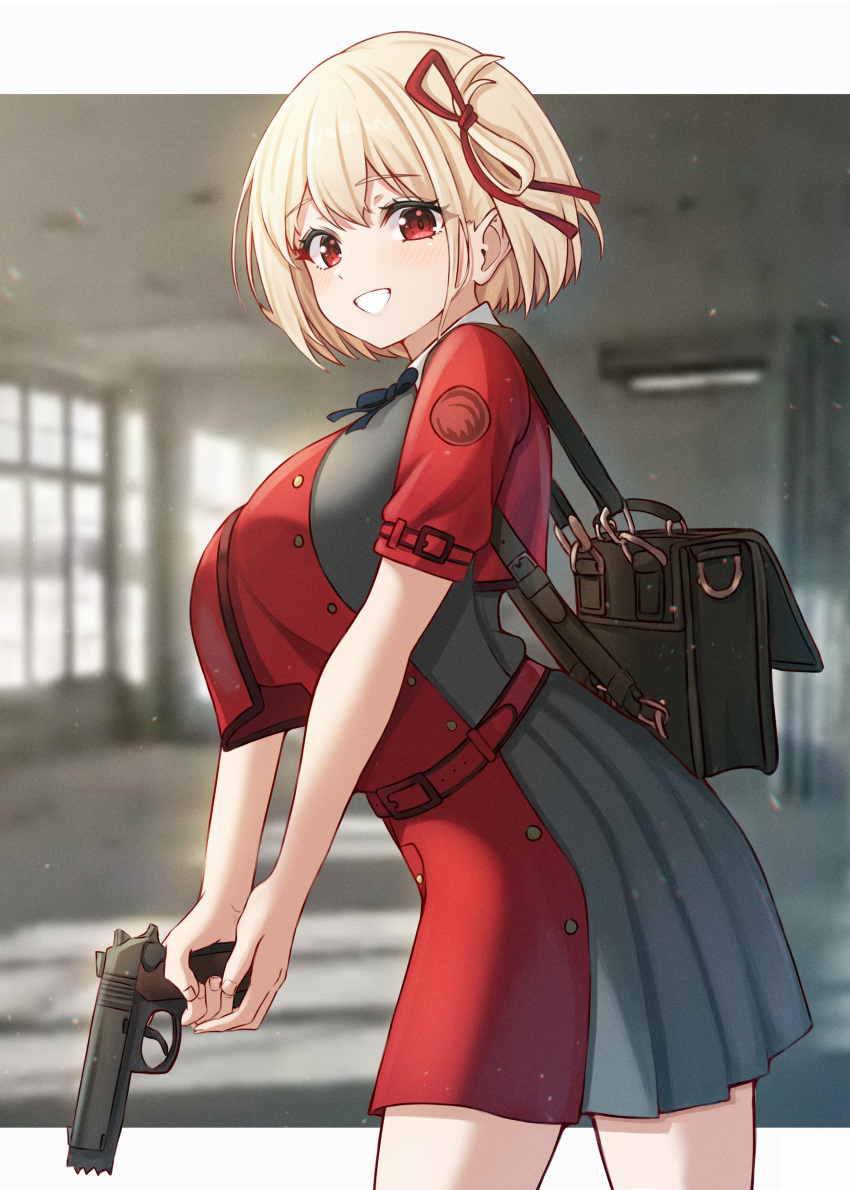 1girl absurdres bag belt blonde_hair bookbag breast_curtain breast_squeeze breasts buttons classroom cowboy_shot double-breasted dress folded_hair grin gun hair_between_eyes handgun highres kano_(wi3028) large_breasts light_blush looking_at_viewer lycoris_recoil medium_hair nishikigi_chisato outside_border red_eyes short_dress short_sleeves smile solo two-tone_dress v_arms weapon