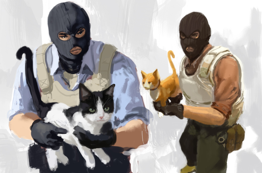 2boys animal black_eyes black_gloves blue_shirt brown_pants bulletproof_vest cat closed_mouth counter-strike counter-strike_(series) gloves gradient gradient_background grey_background highres holding holding_animal holding_cat looking_at_another meme multiple_boys pants pouch red_shirt rythayze shirt standing terrorist vest white_vest