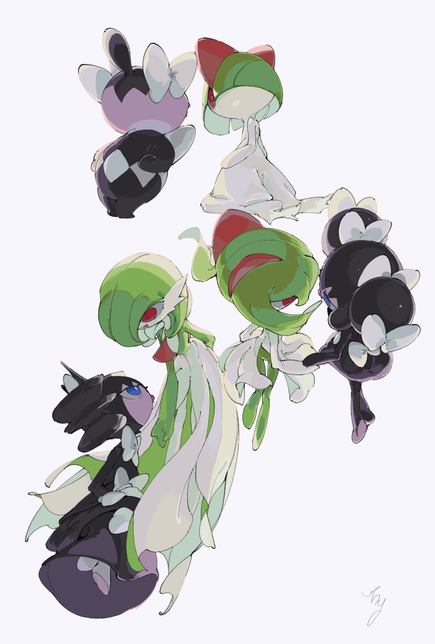 0_ici_0 arm_behind_back back blue_eyes bowl_cut evolutionary_line eye_contact full_body gardevoir gothita gothitelle gothorita green_hair highres holding_hands kirlia looking_at_another no_humans pokemon pokemon_(creature) ralts red_eyes short_hair signature simple_background smile white_background