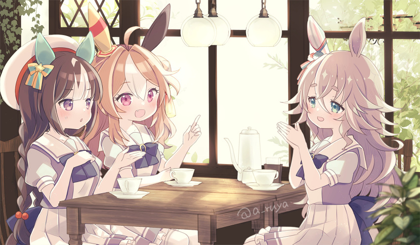 3girls :d ahoge animal_ears aruya_(flosrota) beret blush bow braid brown_hair chestnut_mouth commentary_request copano_rickey_(umamusume) cup ear_covers fang frilled_skirt frills green_eyes hair_bobbles hair_bow hair_ornament hanging_light hat highres hokko_tarumae_(umamusume) horse_ears horse_girl index_finger_raised indoors light_brown_hair long_hair looking_at_another low_twin_braids multicolored_hair multiple_girls own_hands_together plant pleated_skirt purple_eyes red_eyes restaurant school_uniform single_ear_cover sitting skirt smile streaked_hair summer_uniform table teacup tracen_school_uniform twin_braids twitter_username umamusume white_hair white_skirt wonder_acute_(umamusume)