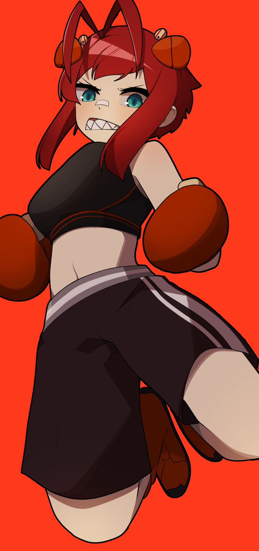 1girl absurdres ahoge aqua_eyes arthropod_girl bandaid bandaid_on_face bandaid_on_nose black_shorts boots boxing_gloves crab_girl english_commentary frown gomulgong gym_shorts highres monster_girl navel original personification red_background red_footwear red_hair sharp_teeth shorts simple_background solo teeth
