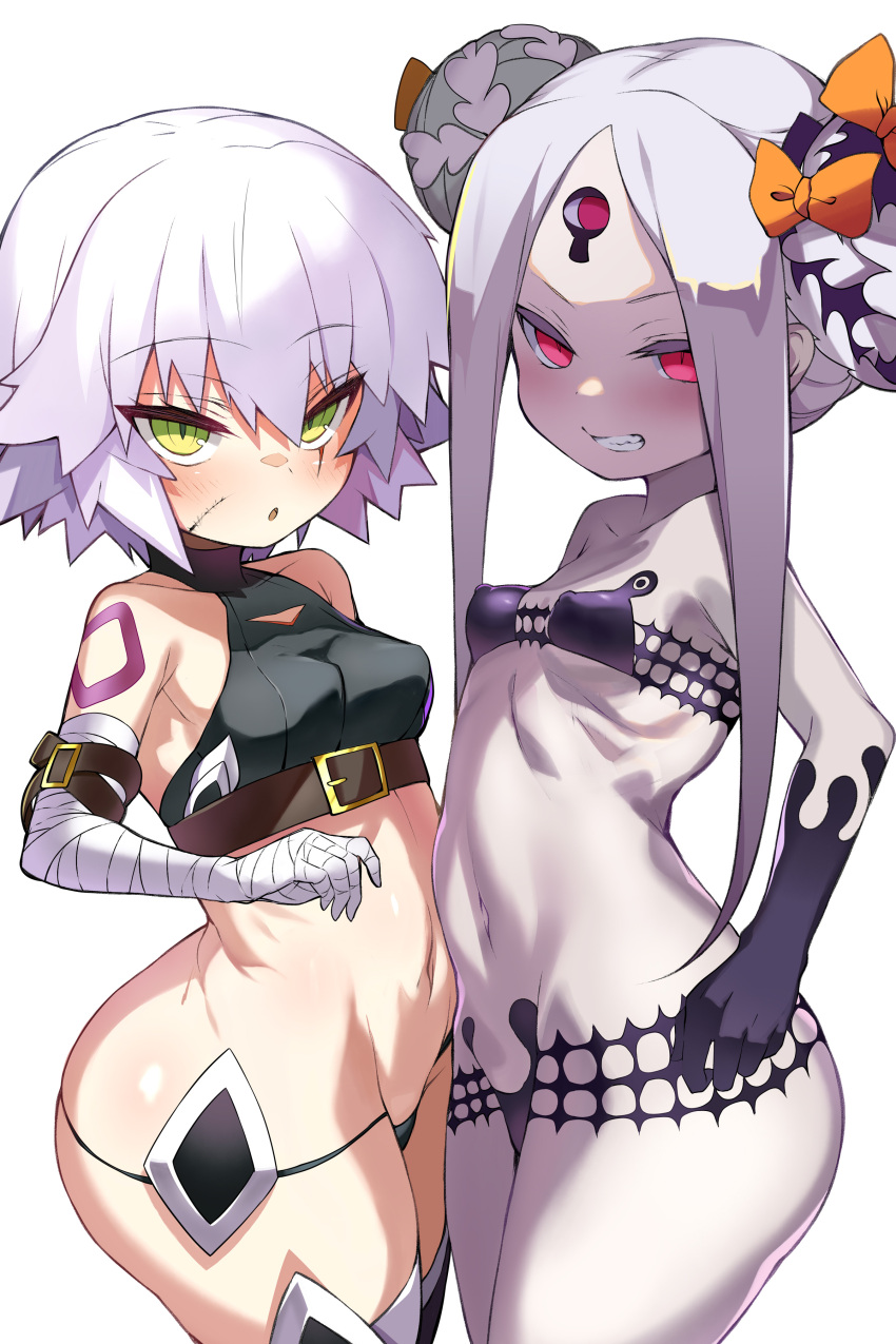 2girls abigail_williams_(fate) abigail_williams_(swimsuit_foreigner)_(fate) abigail_williams_(swimsuit_foreigner)_(first_ascension)_(fate) absurdres bangs bare_shoulders bikini black_bikini black_bow black_panties black_thighhighs blush bow breasts clenched_teeth colored_skin crop_top double_bun fate/apocrypha fate/grand_order fate_(series) forehead green_eyes hair_bow hair_bun highres jack_the_ripper_(fate/apocrypha) keyhole long_hair looking_at_viewer lowleg lowleg_panties multiple_bows multiple_girls navel open_mouth orange_bow panties parted_bangs red_eyes scar scar_across_eye scar_on_cheek scar_on_face shimejinameko short_hair sidelocks simple_background small_breasts swimsuit teeth thick_thighs thighhighs thighs third_eye twintails underwear very_long_hair white_background white_hair white_skin wide_hips