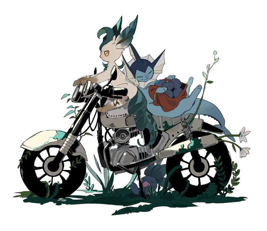 absurdres apios1 evolutionary_line flower full_body grass ground_vehicle highres holding leafeon motor_vehicle motorcycle no_humans oddish open_mouth outdoors plant pokemon pokemon_(creature) riding simple_background sitting sleeping tail vaporeon vines white_background yellow_eyes