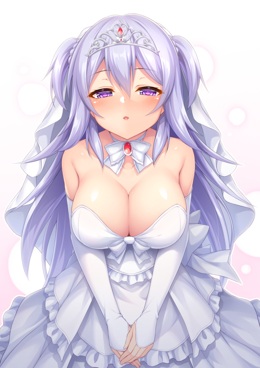 1girl absurdres breasts detached_collar detached_sleeves dress gakusen_toshi_asterisk hair_between_eyes highres incoming_kiss large_breasts light_purple_hair long_hair purple_eyes solo strapless strapless_dress tiara toudou_kirin two_side_up wakagi_repa wedding_dress white_dress white_sleeves