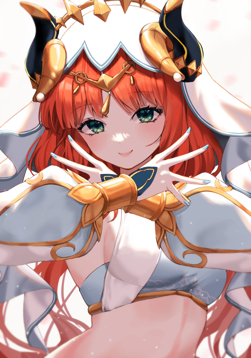 1girl absurdres bangs blue_nails blush breasts circlet closed_mouth crop_top forehead_jewel genshin_impact gold_trim green_eyes highres jewelry long_hair long_sleeves looking_at_viewer low_twintails medium_breasts nail_polish nilou_(genshin_impact) parted_bangs puffy_long_sleeves puffy_sleeves red_hair revision sideboob smile solo twintails ueng upper_body vambraces veil x_arms