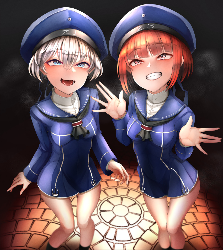 2girls absurdres blue_dress blue_eyes blue_headwear breasts clothes_writing doro9363 dress from_above hair_between_eyes hat highres kantai_collection long_sleeves multiple_girls orange_eyes orange_hair sailor_dress sailor_hat short_hair small_breasts standing white_hair z1_leberecht_maass_(kancolle) z3_max_schultz_(kancolle)