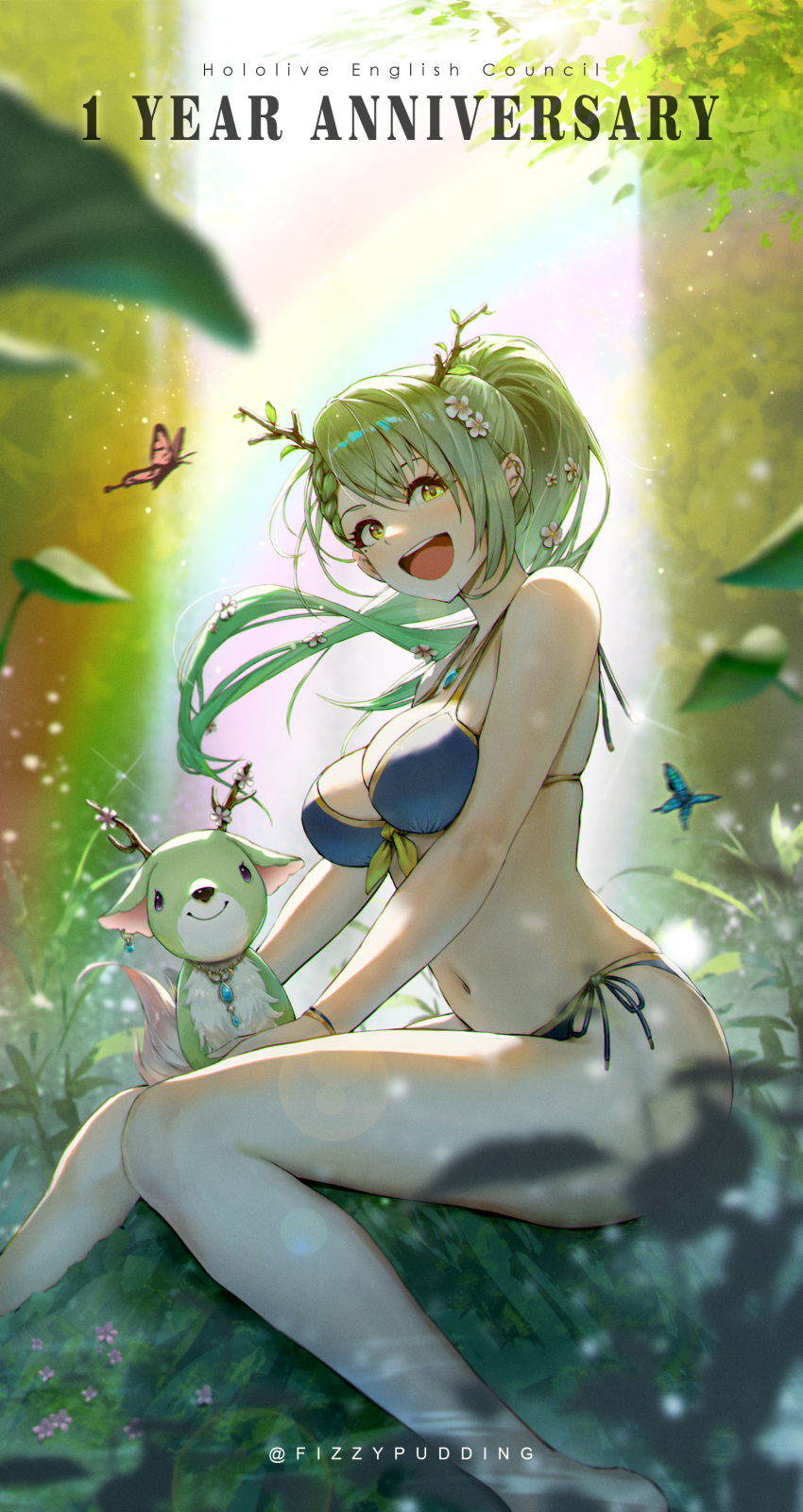 1girl absurdres animal artist_request bangs bikini braid branch breasts bug butterfly ceres_fauna flower forest grass green_hair hair_flower hair_ornament highres holding holding_animal hololive hololive_english horns large_breasts leaf long_hair looking_at_viewer looking_to_the_side nature navel nemu_(ceres_fauna) on_grass open_mouth outdoors ponytail rainbow refraction sitting smile string_bikini sunlight swimsuit yellow_eyes
