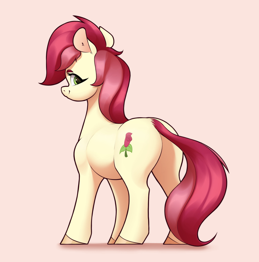 absurd_res aquaticvibes butt cutie_mark digital_media_(artwork) earth_pony equid equine female feral friendship_is_magic green_eyes hair hasbro hi_res hooves horse looking_back mammal my_little_pony pink_background pony red_hair red_tail rose_(mlp) simple_background smile solo standing tan_body