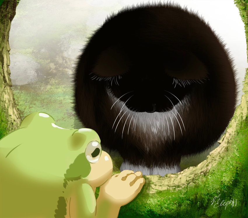 animal animal_focus black_cat black_fur cat cat_loaf closed_eyes frog hachiya_shohei highres moss no_humans original outdoors scenery tree tree_bark