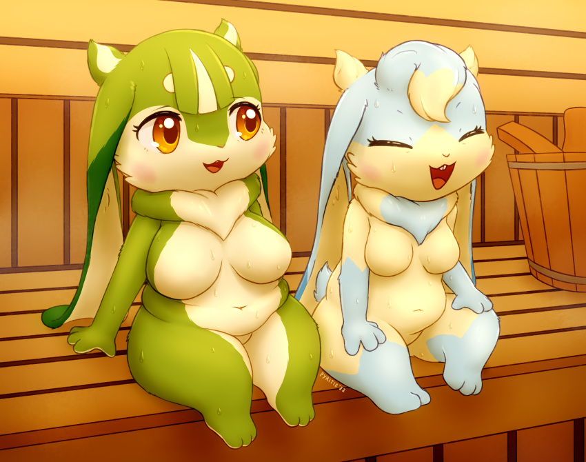 2022 anthro bangs belly bench big_breasts biped blue_body blue_fur blush bodily_fluids breasts bucket casual_nudity cheek_tuft chibi chubby_female container curvy_figure dewlap_(anatomy) digital_media_(artwork) duo exposed_breasts facial_tuft female floppy_ears fupa fur green_body green_fur hair hi_res kemono lagomorph leporid long_ears lop_ears mammal medium_breasts multicolored_body multicolored_fur navel nude open_mouth open_smile overweight overweight_female pyritie rabbit sauna semi-anthro short short_stack sitting slightly_chubby smile social_nudity sofu_(pyritie) steam sweat swirl tan_body tan_fur thick_thighs tuft two_tone_body two_tone_fur wide_hips yellow_eyes