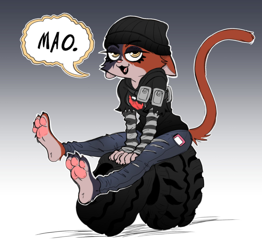 3_toes anthro barefoot beanie black_beanie black_clothing black_hoodie black_topwear bottomwear calico_cat cat_smile cellphone claws clothed clothing countershade_feet countershading denim denim_clothing domestic_cat epic_games feet felid feline felis female foot_tuft fortnite hands_between_legs hat headgear headwear heel_tuft hi_res hindpaw hoodie humanoid_feet jeans looking_at_viewer mammal meow meow_skulls_(fortnite) mottled narrowed_eyes open_mouth open_smile pants paw_tuft pawpads paws phone piebald pink_pawpads scottytheman sitting sitting_on_tire smartphone smile soles solo speech_bubble tire toe_claws toes topwear torn_bottomwear torn_clothing torn_jeans torn_pants tuft video_games yellow_eyes