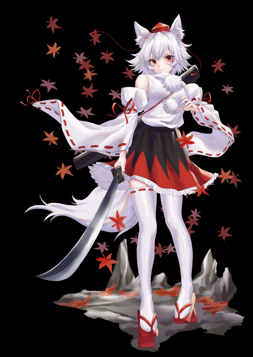 1girl absurdres animal_ear_fluff animal_ears bangs bare_shoulders black_background black_skirt closed_mouth detached_sleeves full_body geta hayaten highres holding holding_sword holding_weapon inubashiri_momiji leaf looking_at_viewer maple_leaf pom_pom_(clothes) red_eyes sheath shirt simple_background skirt solo standing sword thighhighs touhou weapon white_hair white_shirt white_sleeves white_thighhighs wolf_ears wolf_girl