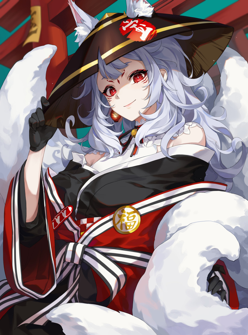 1girl absurdres animal_ear_fluff animal_ears aniroud bangs black_gloves closed_mouth earrings ears_through_headwear forehead_tattoo gloves grey_hair hand_on_headwear hat highres japanese_clothes jewelry kimono long_hair long_sleeves looking_at_viewer nijisanji nijisanji_en nina_kosaka off_shoulder red_eyes red_kimono rice_hat solo virtual_youtuber