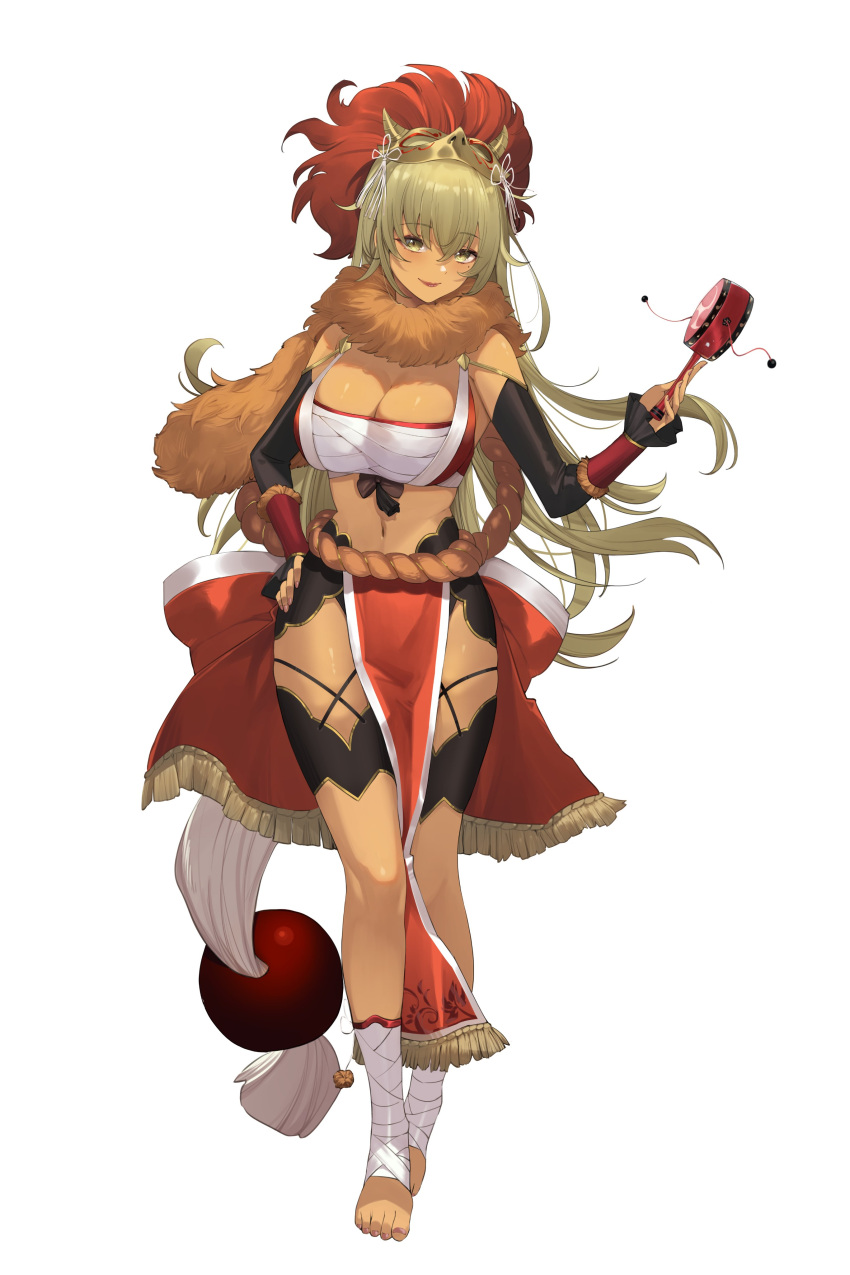 1girl absurdres bandaged_leg bandages bandeau bare_shoulders barefoot black_gloves blonde_hair breasts bridal_gauntlets cleavage commission dark-skinned_female dark_skin elbow_gloves fake_horns fire_emblem fire_emblem:_the_binding_blade fire_emblem_heroes fur_collar fur_trim gloves highres horned_headwear horned_mask horns igrene_(fire_emblem) instrument japanese_clothes large_breasts long_hair looking_at_viewer mask midriff navel pelvic_curtain ritence sarashi side_slit simple_background smile solo very_long_hair white_background yellow_eyes