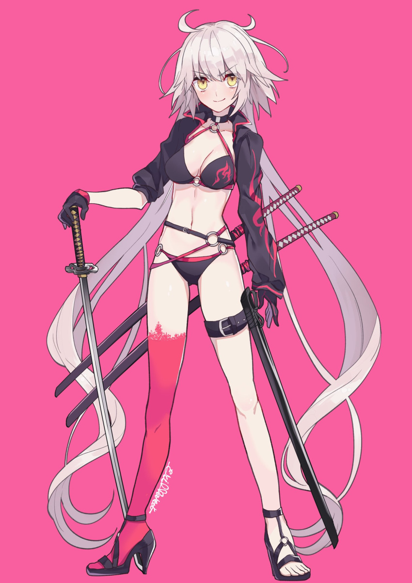 1girl bangs bikini black_bikini black_choker black_footwear black_gloves black_jacket blush breasts choker cleavage closed_mouth commentary_request cropped_jacket fate/grand_order fate_(series) full_body gloves highres holding holding_sword holding_weapon jacket jeanne_d'arc_alter_(fate) jeanne_d'arc_alter_(swimsuit_berserker)_(fate) katana long_hair long_sleeves marueri medium_breasts navel o-ring o-ring_bikini pink_background red_thighhighs sheath sheathed shrug_(clothing) signature simple_background single_thighhigh sleeves_rolled_up smile solo stomach strappy_heels swimsuit sword thighhighs very_long_hair weapon white_hair yellow_eyes