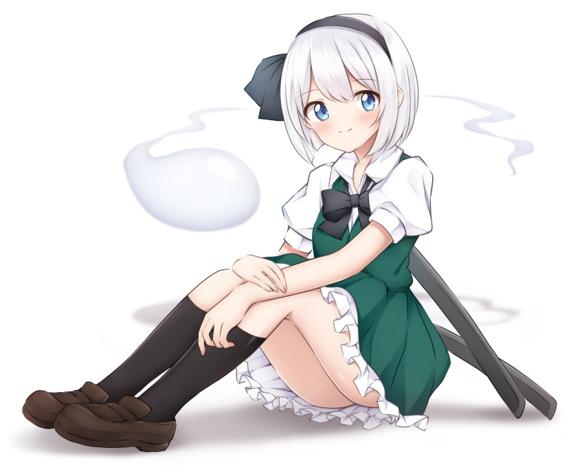 1girl black_hairband blue_eyes blush bow bowtie ghost green_skirt green_vest grey_hair hairband highres hitodama katana kneehighs konpaku_youmu konpaku_youmu_(ghost) kurokaze looking_at_viewer puffy_short_sleeves puffy_sleeves sheath sheathed shirt short_hair short_sleeves simple_background sitting skirt skirt_set smile socks sword touhou vest weapon white_background white_shirt