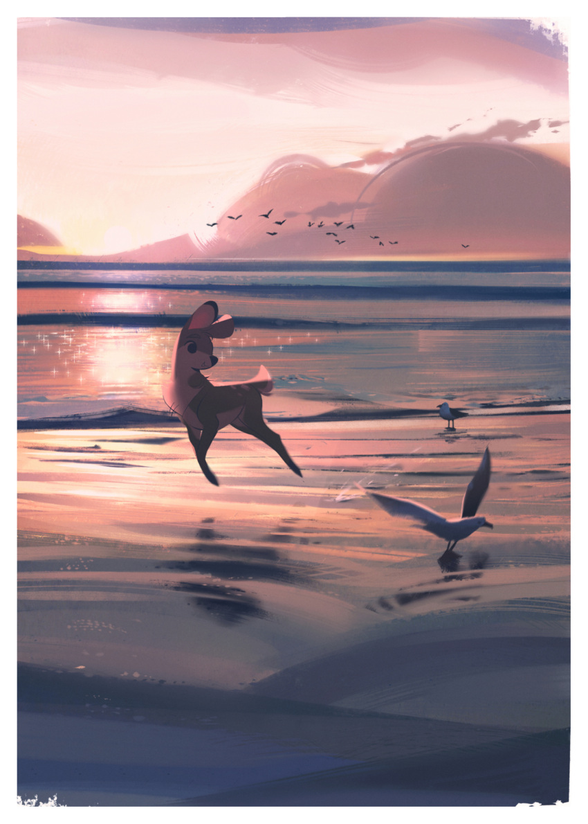 beach bird border danfango deer highres no_humans ocean original outdoors scenery seagull sunrise water white_border