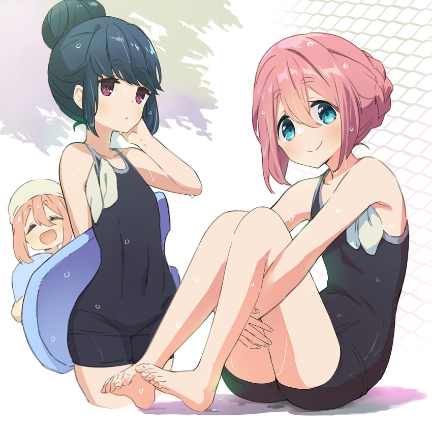 2girls aqua_eyes bare_arms bare_legs barefoot black_one-piece_swimsuit blue_hair braid breasts chain-link_fence closed_eyes cowboy_shot fence flat_chest full_body gabu_(az210309) hair_between_eyes hair_bun hand_in_own_hair highres hugging_own_legs kagamihara_nadeshiko looking_at_viewer multiple_girls multiple_views open_mouth pink_hair purple_eyes school_swimsuit shima_rin small_breasts smile swimsuit tree wet wet_clothes wet_hair wet_swimsuit yurucamp