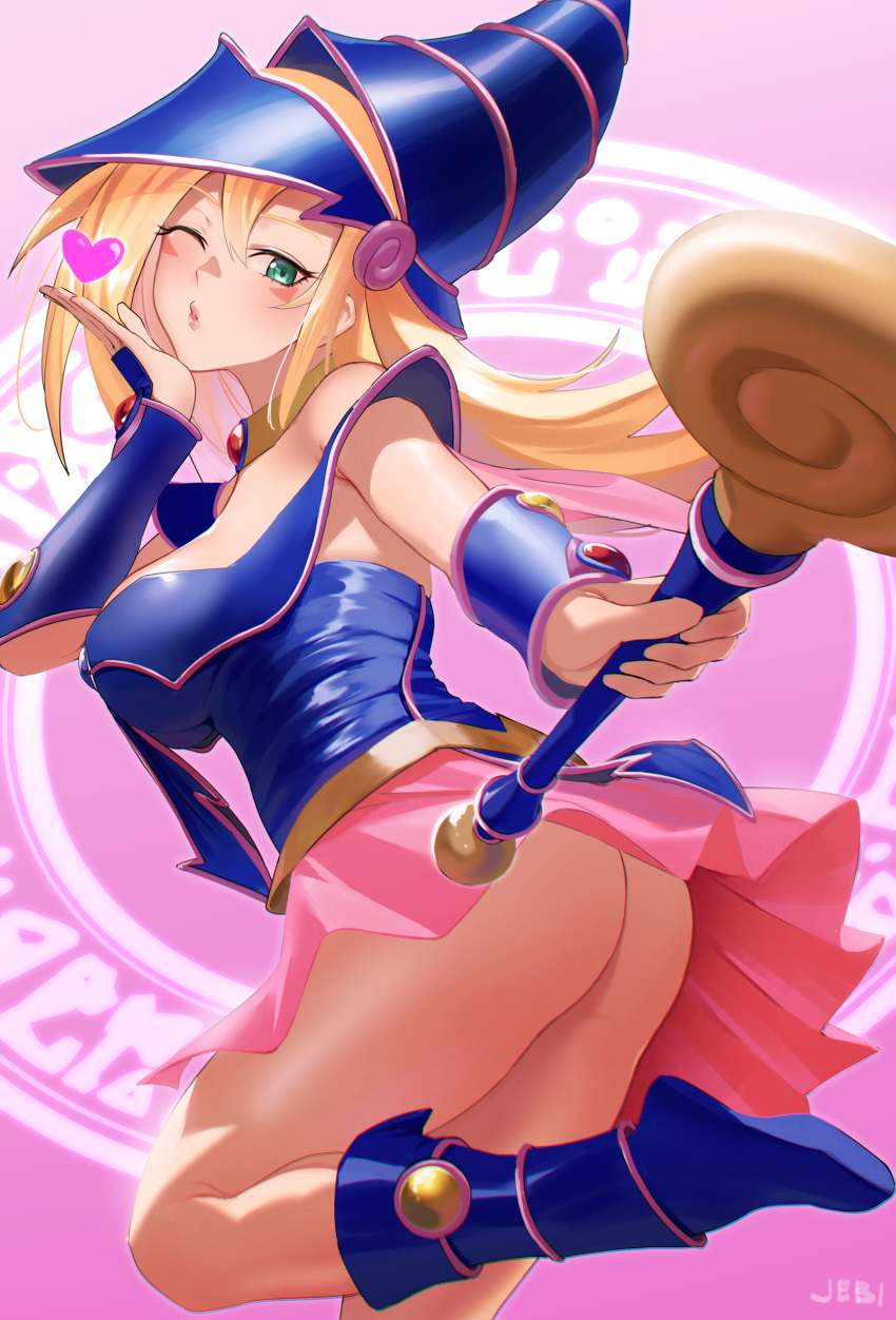 1girl absurdres artist_name ass bangs bare_shoulders blonde_hair blowing_kiss blue_dress blush blush_stickers boots breasts capelet collar commentary_request dark_magician_girl dress duel_monster from_side gradient gradient_background green_eyes hand_up hat highres holding jebi knee_boots leg_up lips long_hair looking_at_viewer no_panties one_eye_closed shiny shiny_clothes shiny_hair shiny_skin signature simple_background smile vambraces wand yu-gi-oh! yu-gi-oh!_duel_monsters